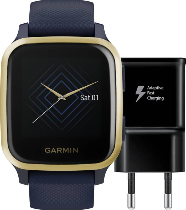 Garmin Venu Sq Music Goud/Blauw + Samsung Adaptive Fast Charging Oplader met Usb A Poort